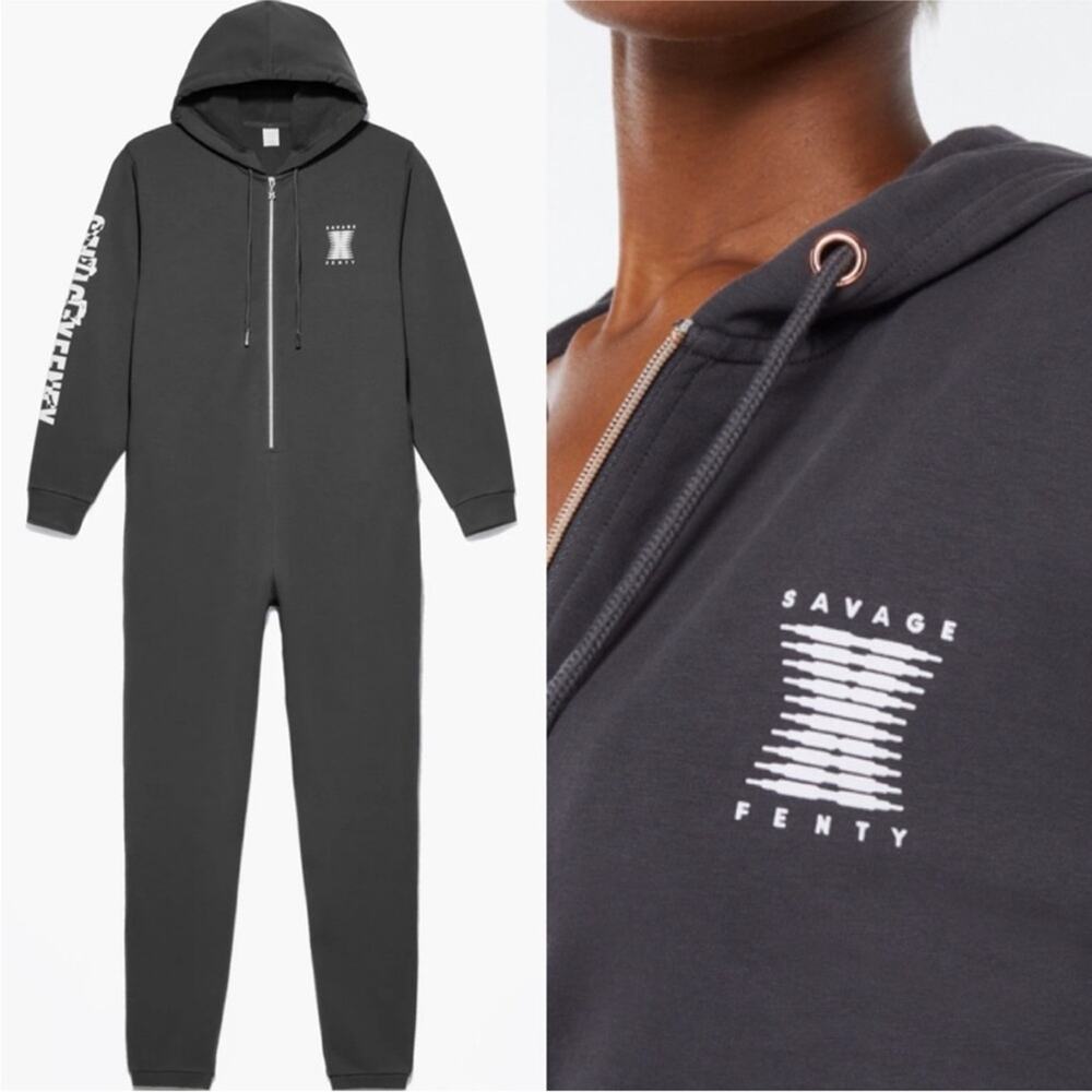 Savage X Fenty Gray Forever Showgirl Hooded One piece Jumpsuit Lounge Pajamas L - Picture 4 of 13